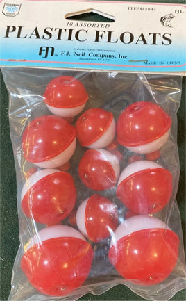 10 Assorted Fishing Bobbers Floats Red & White Snap On 1” 1 1/4” 1 1/2” Round